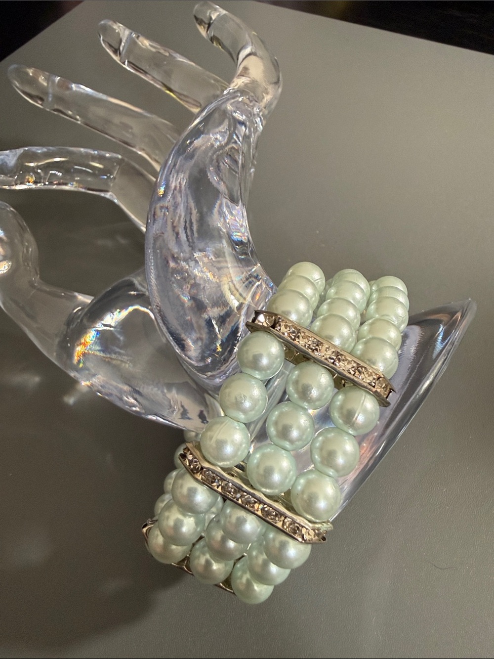 multi-row faux pearl and rhinestone stretch bracelet